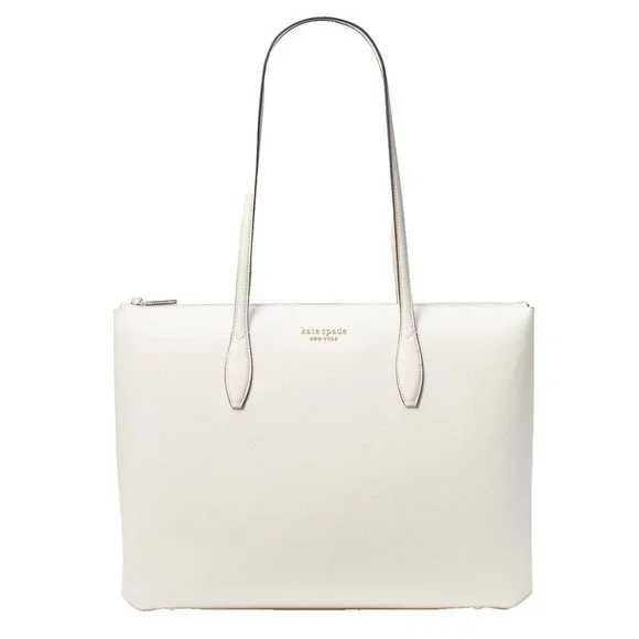New Kate Spade All Day Large Zip-Top Tote Crossgrain Leather Parchment